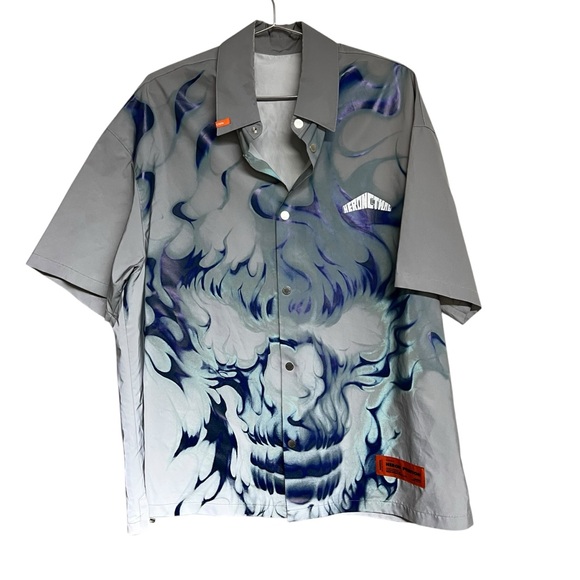Mens Heron Preston Reflective Printed Shell Shirt Grey Flames Skull Short Sleeve - Picture 1 of 10